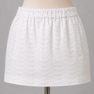 J.Crew White Eyelet Cotton Mini Skirt Elastic Waist Pockets Size L Cottagecore